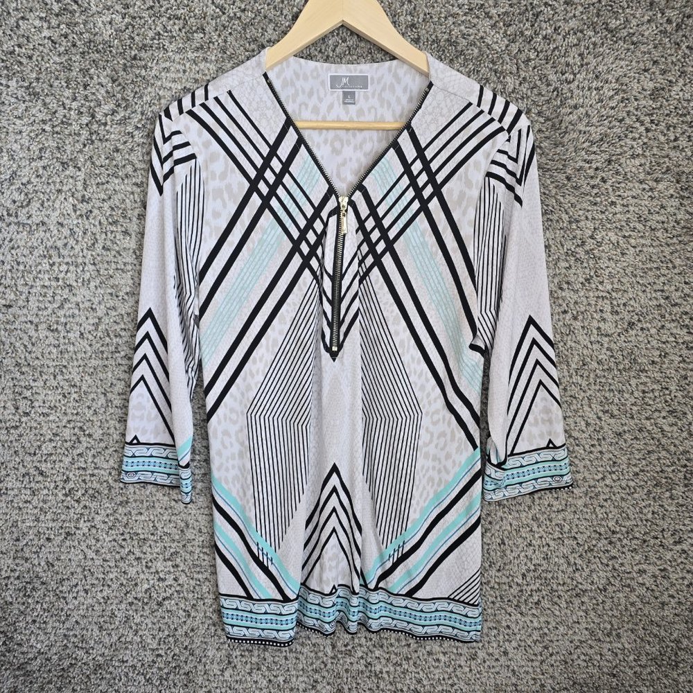 JM Collection Top Womens Large Black Printed V Neck‎ Zip Stretch Blouse Casual